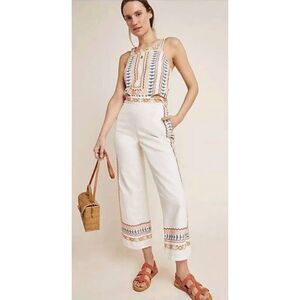 Anthropologie Women's Sz 6 Islander Pants Embroidered Linen Ivory High Rise Boho